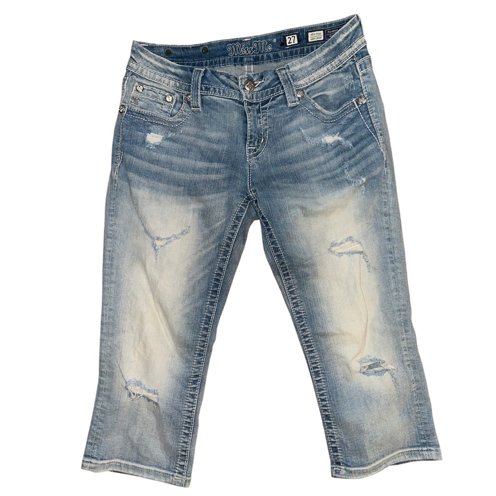 Miss Me Easy Crop Jeans Light Wash Distressed Fleur De Lis Embellished 27 Y2K